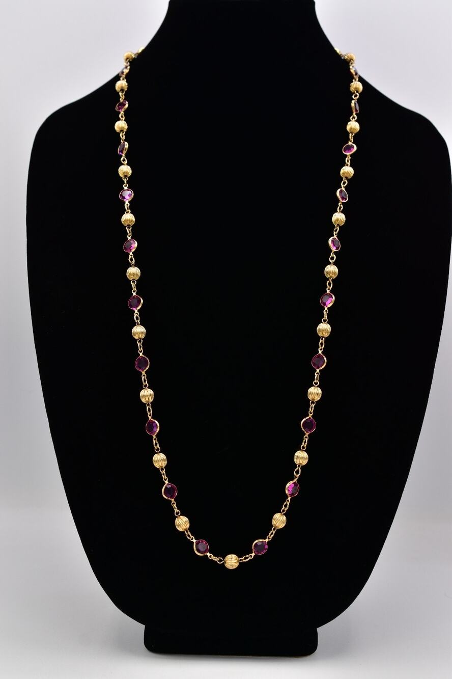 Austria USA Crystal Vintage Station Necklace Pink Rhinestone Gold Beaded BinBC